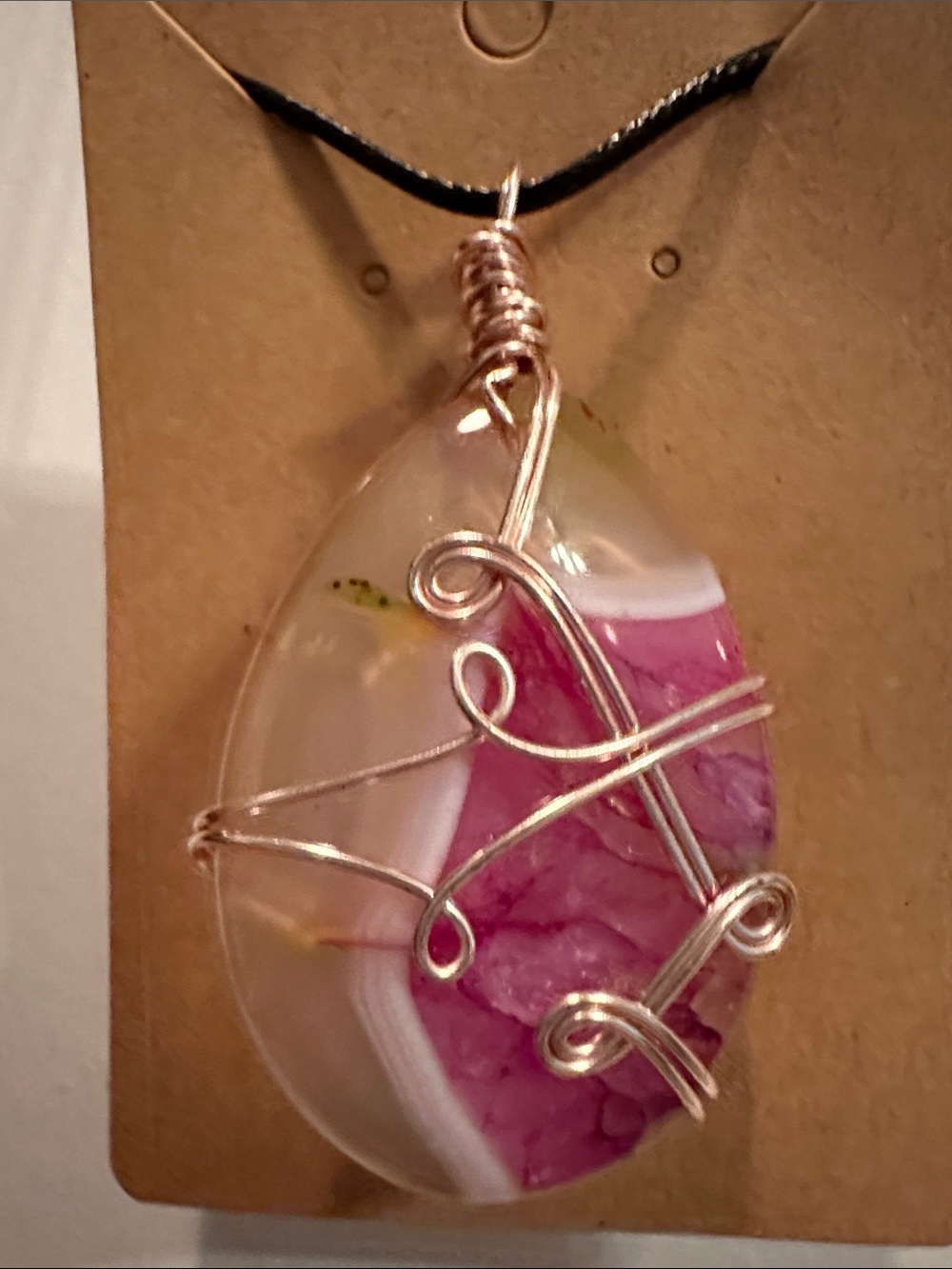 Handmade Fuchsia Agate Stone Wrapped in Rose Gold w Black 24” leather like cord